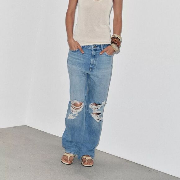 ZARA ZW COLLECTION MID-RISE RIPPED STRAIGHT JEANS - Picture 1 of 7